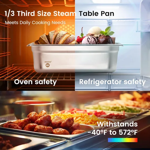 Miniatura 7 de BIEAMA Paquete de 6 bandejas de hotel, 1/3 tamaño 4" de profundidad, NSF, bandeja comercial de acero inoxidable, bandeja de mesa de vapor, bandeja