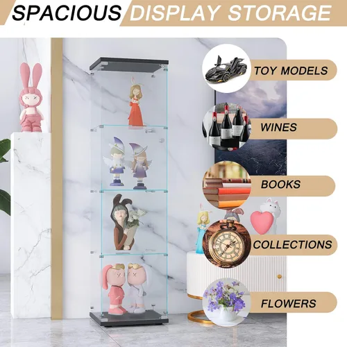 Miniatura 7 de Vitrina de cristal con luces LED y cerradura, vitrina Curio de 4 niveles con puerta de cristal, estantería de pie para sala de estar, dormitorio