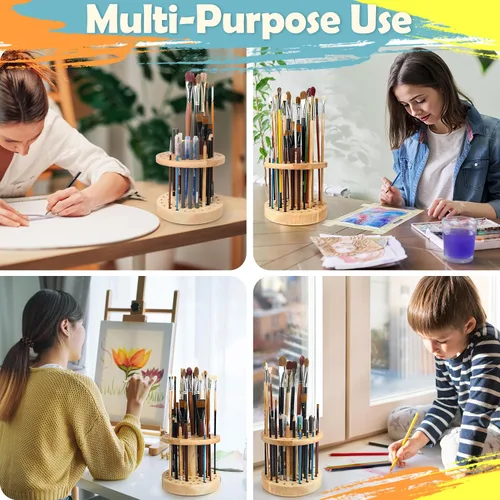 Miniatura 7 de Soporte para pinceles de pintura de 52 agujeros, organizador de pinceles de pintura giratorio de 360°, soporte de almacenamiento de madera dura