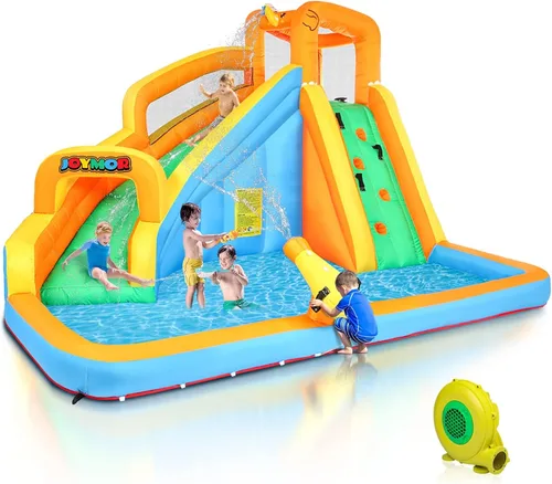 JOYMOR Parque inflable de tobogán acuático con piscina, pared de escalada, cañón de agua, toboganes acuáticos inflables para patio trasero, Naranja