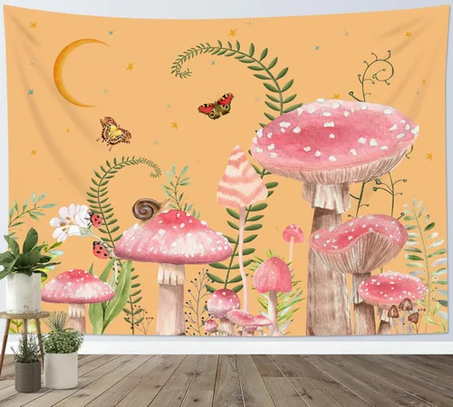 Miniatura 10 de LB Tapiz de hongos para colgar en la pared, luna y estrella en beige, tapiz de pared para dormitorio, estética de planta verde, arte de pared