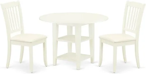 East West Furniture SUDA3-LWH-C - Juego de mesa de comedor de 3 piezas contiene una mesa de comedor redonda con gotas y estantes y 2 sillas