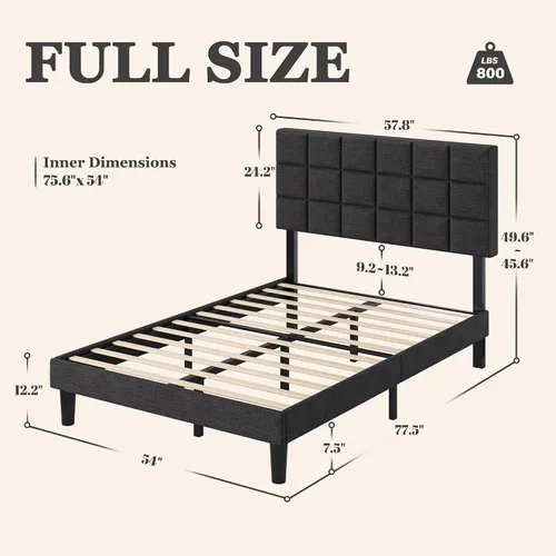 Miniatura 8 de Fluest Base de cama de plataforma completa con cabecero alto tapizado de lino, no necesita somier, esponja EVA antirruido, fácil montaje, envío