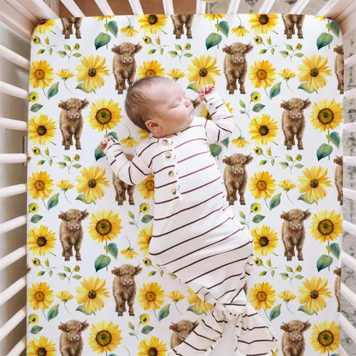 Miniatura 4 de HawSkgFub Highland Cow - Sábana bajera estándar para cuna para bebé, funda de colchón de flor de yak de animales de granja occidental, suave