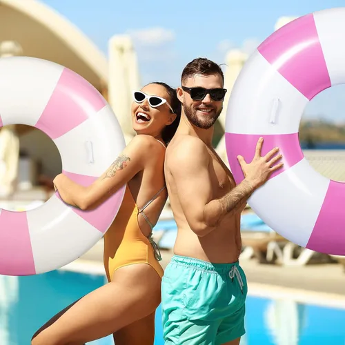 Miniatura 6 de Flotador inflable a rayas para piscina, 6 unidades, anillo de natación grande con asas de 47.24 pulgadas, 35.43 pulgadas, tubos interiores