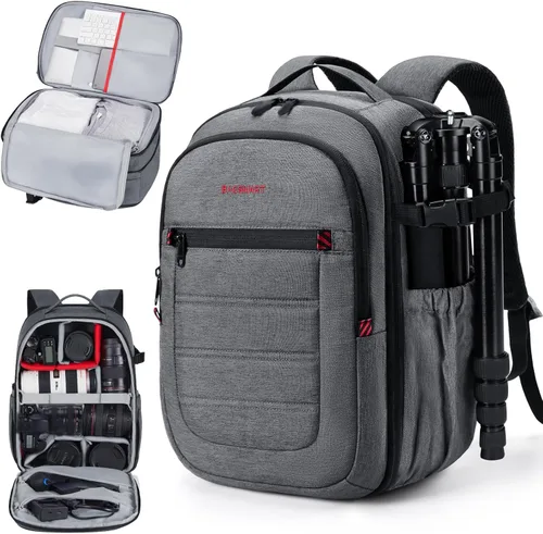 BAGSMART Mochila para cámara, bolsas expandibles para cámara DSLR SLR para fotógrafos, mochila de viaje para fotografía con compartimento para Gris