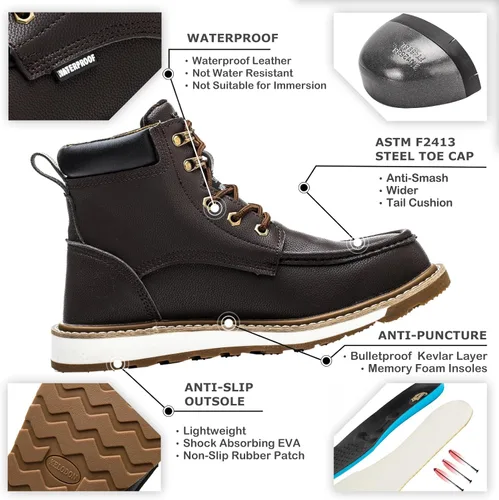 Miniatura 2 de KELODON Botas de trabajo impermeables con punta de acero para hombre, botas de trabajo de cuero de 6 pulgadas para hombre, zapatos de punta de acero