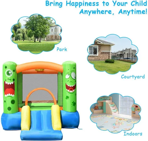 Miniatura 7 de HONEY JOY Casa inflable de rebotes, luna inflable para niños con tobogán, área gigante de saltos, fosa de pelotas oceánicas, aro de baloncesto