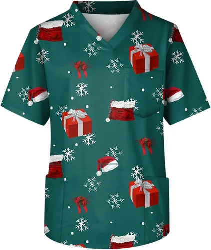 Camiseta médica de Navidad para hombre, manga corta, cuello en V, divertido estampado navideño, bolsillo en el pecho, para el trabajo