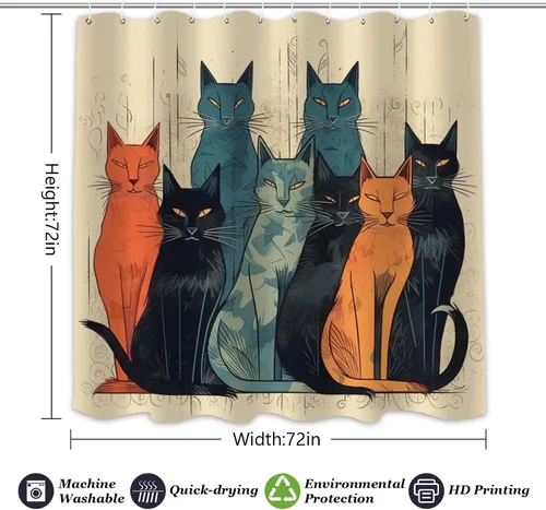 Miniatura 7 de YLATY1519 - Cortina de ducha abstracta de gatos para baño, divertido juego de cortina de ducha estilo hippie con diseño bohemio, tela moderna e