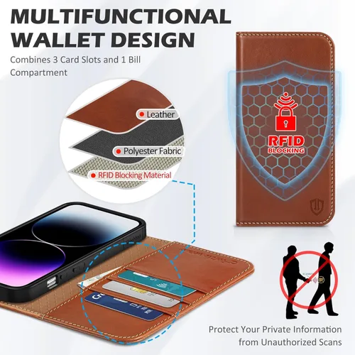 Miniatura 3 de SHIELDON Funda para iPhone 14 Pro Max 5G, funda de piel auténtica tipo cartera con función atril y bloqueo RFID, magnética, a prueba de golpes