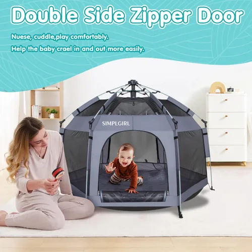 Miniatura 7 de Corralito para bebés de alta calidad para puerta y exterior, portátil, ligero, paquete desplegable y patio de juegos con toldo y bolsa de viaje, Gris