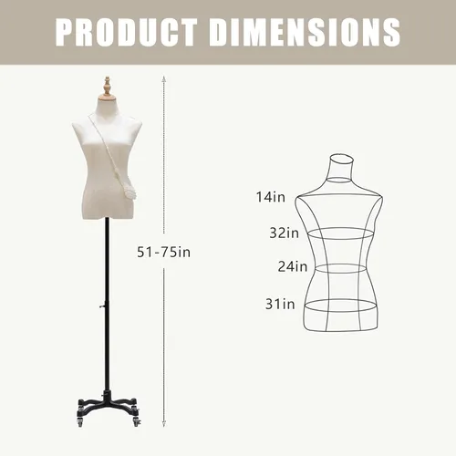 Miniatura 2 de Vestido de maniquí femenino con ruedas, altura ajustable de 51 a 75 pulgadas, cuerpo de torso de maniquí, superficie de maniquí de costura hecha