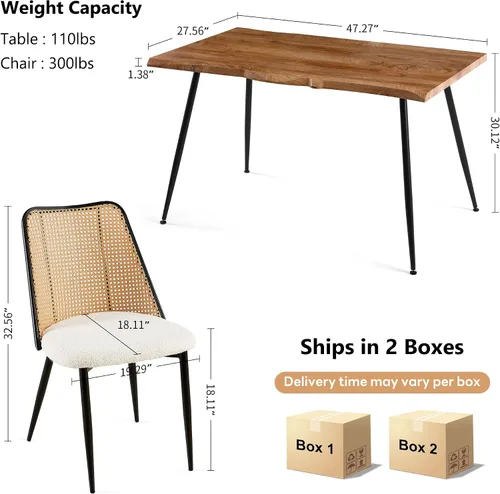 Miniatura 7 de NORDICANA Dining Table Set for 4, Kitchen Table and 4 Chairs, 5 Pieces Dinette Wood Table with Beige Boucle Chiars, Rattan Backrest