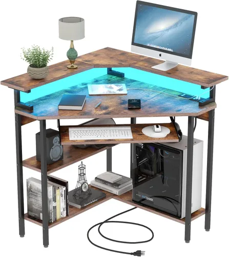Miniatura 11 de Auromie Escritorio esquinero con tomas y puertos USB, mesa de esquina triangular de 90 grados con soporte para CPU y estantes de almacenamiento