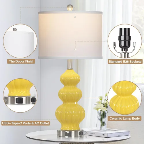 Miniatura 7 de Rinweey Juego de 2 lámparas de mesa de cerámica de triple calabaza, modernas lámparas de noche amarillas con puertos USB A+C y salida de CA, control