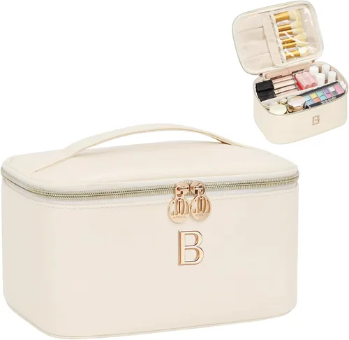 Miniatura 38 de OCHEAL Bolsa de maquillaje personalizada, bolsa de maquillaje beige para mujer, kit de aseo de viaje con monograma, organizador de cosméticos listo