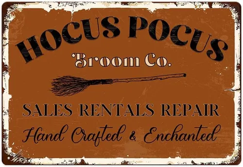 Decoraciones de Halloween, Hocus Pocus Broom Co. Cartel de metal divertido de hocus pocus broom Co. Decoración de Halloween para el hogar, cocina,