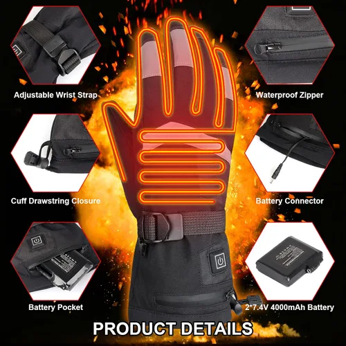 Miniatura 4 de Guantes térmicos para hombre con batería 7.4 V 4000 mAh recargable, guantes eléctricos para esquí, motocicleta, pantalla táctil, impermeable, cálido