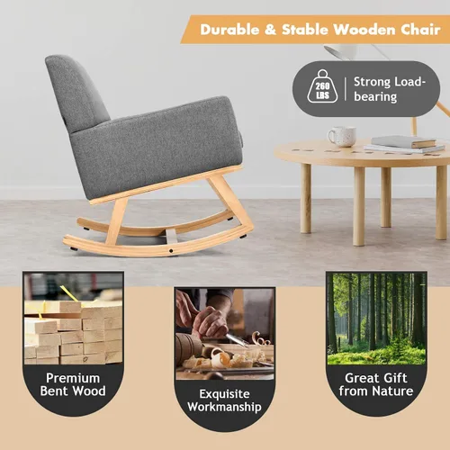 Miniatura 5 de S AFSTAR Mecedora, silla tapizada de tela con marco de madera resistente y asiento acolchado, sillón moderno para sala de estar (beige)