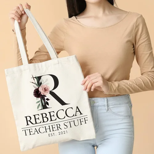 Miniatura 5 de Bolsas de mano florales personalizadas de regalo para mujeres con nombre y fecha de texto, bolsa personalizada para playa, boda, viajes, trabajo
