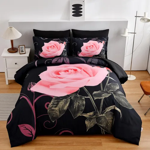 Miniatura 17 de Xruibed Juego de edredón floral tamaño King de 7 piezas en una bolsa, edredón de flores de rosas moradas con juego de sábanas de microfibra suave