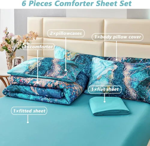 Miniatura 3 de PERFEMET Juego de ropa de cama edredón de 6 piezas para cama California King en una bolsa, patrón de mármol acuarela, juego de edredón estético arte