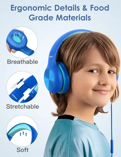 Miniatura 2 de Nabevi Auriculares para niños con cable, auriculares sobre la oreja para niños con micrófono, límite de volumen de 85/94 dB, auriculares para niños
