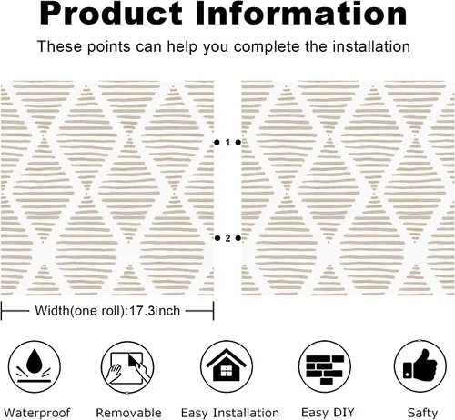 Miniatura 5 de WENMER Papel tapiz geométrico para despegar y pegar de 17.3 x 1181 pulgadas, papel tapiz a rayas beige y blanco, papel de contacto geométrico