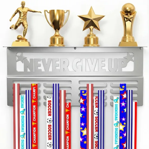 Miniatura 8 de Colgador de medallas AGATHOS HOME con estante para trofeos - Estante de premios de metal para paredes con capacidad para 64+ medallas deportivas