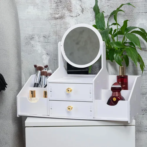Miniatura 6 de Organizador de maquillaje de madera, organizadores de maquillaje de encimera con espejo, cajones, organizador de cosméticos para cepillos, cuidado
