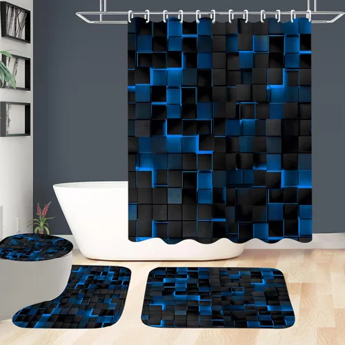 Miniatura 6 de LQCOOL Juego de 4 piezas de cortina de ducha azul con cubos 3D, juegos de baño, juego de cortina de ducha moderna para juegos de baño con alfombras
