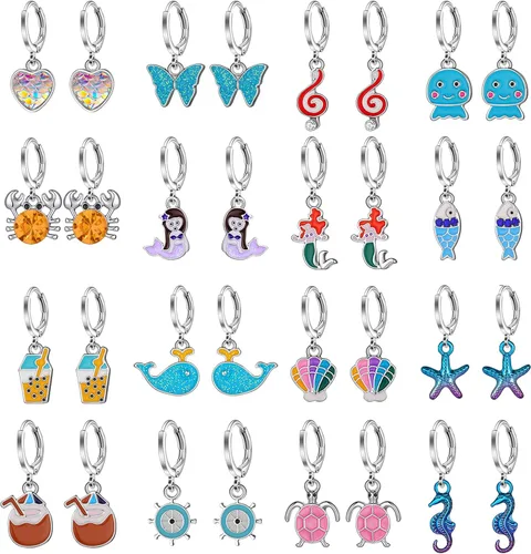 Aganippe 121618 Pairs Hypoallergenic Acrylic Dangle Hoop Earrings Cute Multiple Colour Fox Flower Flag Panda Pineapple Beetle Fruits Food Cartoon