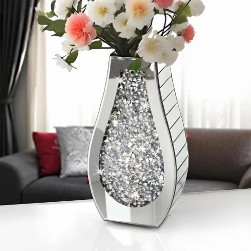Miniatura 2 de ALLARTONLY Florero de cristal plateado con espejo de diamante triturado, jarrón de espejo decorativo de gran tamaño para decoración del hogar. En
