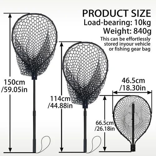 Miniatura 4 de Red de pesca de goma telescópica de metal con mango Longitud: 59 "Profundidad: 19.7 "Aro: 26 "x18" Muelle de red de aterrizaje de peces de silicona