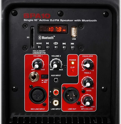 Miniatura 6 de Rockville BPA10 - Altavoz PA DJ Amplificado de 10 pulgadas y 400 W Pico con Bluetooth, reproductor USB/SD, radio FM, entradas XLR/RCA/1/4"/Aux