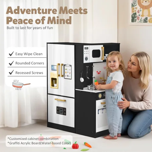 Miniatura 4 de TODEFULL Juegos de cocina para niños, juego de cocina de madera para niños, cocina de juguete interactiva con congelador, lavadora, máquina de hielo