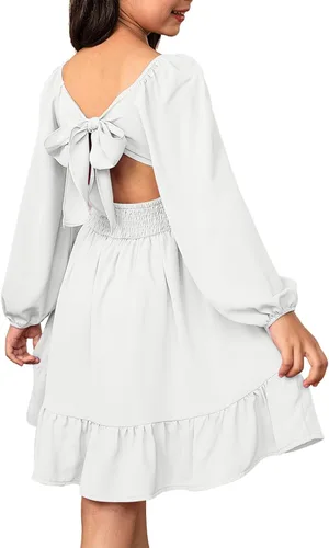 blibean - Vestido de manga larga con lazo en la espalda para niñas y preadolescentes, vestido de otoño con hombros descubiertos, tallas para 6-15