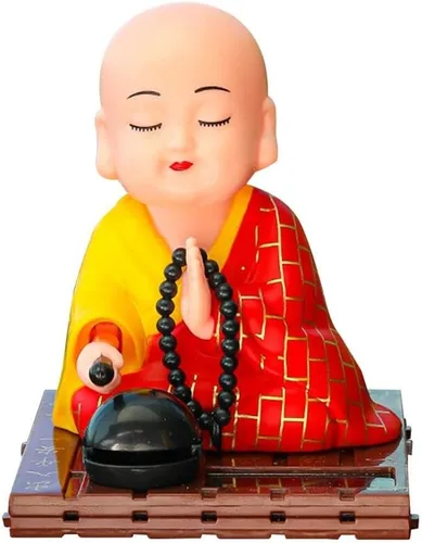 Figura de monje pequeño, juguetes solares, juguete de baile con cabeza agitada, figuras budistas de monje de muñeca, estatuas de tablero de