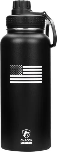 Miniatura 13 de Botella de agua aislada, negro, acero inoxidable, 32 onzas, diseño de bandera estadounidense de línea azul fina, boca ancha