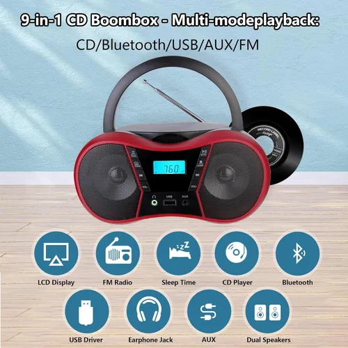 Miniatura 8 de Boombox Reproductor de CD Portátil, Reproductores de CD Portátiles para el Hogar, Reproductor de CD de Radio Estéreo con AUX/USB/FM/Bluetooth