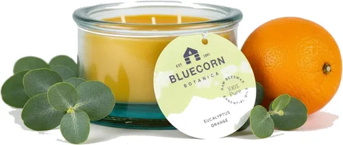 Bluecorn Botanica Vela de cera de abeja de 3 mechas – Eucalipto y naranja, 100% cera de abeja pura y aceites esenciales – Vidrio español reciclado