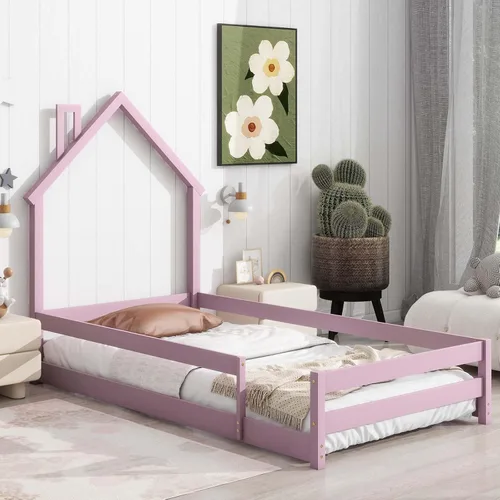 Miniatura 10 de Cama Montessori de madera tamaño individual con cabecera y cercas en forma de casa, cama de plataforma completa para niños, niñas, niños, altura Gris