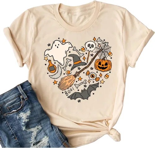 Miniatura 37 de Woffccrd - Camisetas divertidas con estampado de calabaza y leopardo para mujer, camisetas gráficas de manga corta de Halloween para mujer