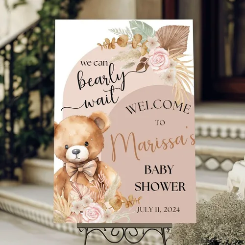 Miniatura 6 de Baby is Brewing - Letrero de bienvenida para baby shower, grano de café, lazo rosa Baby Shower #9