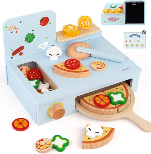 Pillowhale Set de Pizza de Madera – 24 Piezas Juguete de Pizza de Juego Simbólico para Cortar y Servir, Corte con Velcro, Juego de Rol de Cocina