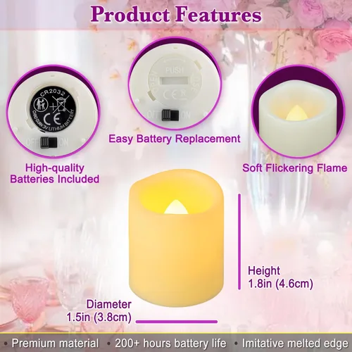 Miniatura 4 de Paquete de 36 velas de té sin llama de 1.5 x 1.8 pulgadas, funcionan con pilas, velas votivas LED parpadeantes, velas falsas eléctricas parpadeantes
