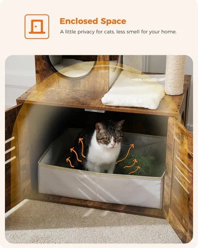 Miniatura 3 de MUTTROS Árbol para gatos con recinto para caja de arena, árbol moderno de 50" para gatos grandes/gordos con condominio para gatos, muebles de madera