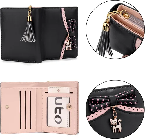 Miniatura 4 de UTO Cartera para niñas de piel sintética con colgante de gato con borla y cremallera, organizador de tarjetas para mujer, pequeño y lindo monedero