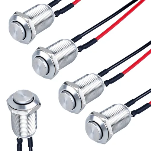 Miniatura 8 de 5 piezas 12 mm Interruptor de botón de cierre con cabeza elevada ON-Off normalmente abierto con cable presoldado, carcasa de aleación de aluminio